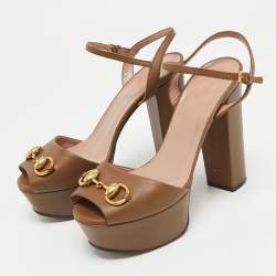 Pre Owned Gucci Brown Leather Claudie Ankle Strap Platform Sandals Size 35.5