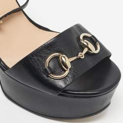 Pre Owned Gucci Black Patent Leather Horsebit Platform Ankle Strap Sandals Size 38