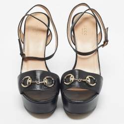 Pre Owned Gucci Black Patent Leather Horsebit Platform Ankle Strap Sandals Size 38