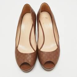 Pre Owned Gucci Brown Guccissima Leather Peep Toe Platform Pumps Size 38