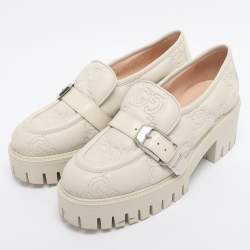 Pre Owned Gucci White Matelasse Leather Buckled Platform Loafers Size 38.5