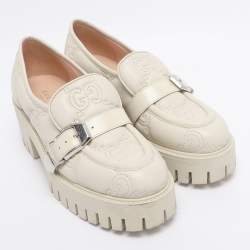 Pre Owned Gucci White Matelasse Leather Buckled Platform Loafers Size 38.5
