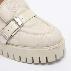 Pre Owned Gucci White Matelasse Leather Buckled Platform Loafers Size 38.5