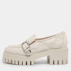 Pre Owned Gucci White Matelasse Leather Buckled Platform Loafers Size 38.5
