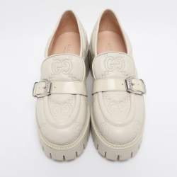 Pre Owned Gucci White Matelasse Leather Buckled Platform Loafers Size 38.5