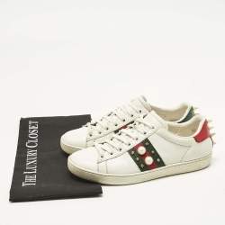 Pre Owned Gucci White Leather Web Detail New Ace Faux Pearl Embellished Low Top Sneakers Size 36