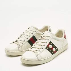 Pre Owned Gucci White Leather Web Detail New Ace Faux Pearl Embellished Low Top Sneakers Size 36