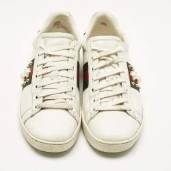 Pre Owned Gucci White Leather Web Detail New Ace Faux Pearl Embellished Low Top Sneakers Size 36