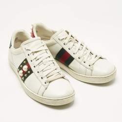 Pre Owned Gucci White Leather Web Detail New Ace Faux Pearl Embellished Low Top Sneakers Size 36