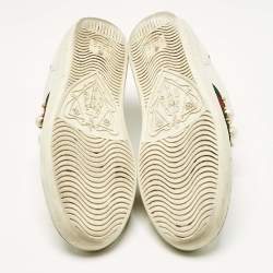 Pre Owned Gucci White Leather Web Detail New Ace Faux Pearl Embellished Low Top Sneakers Size 36