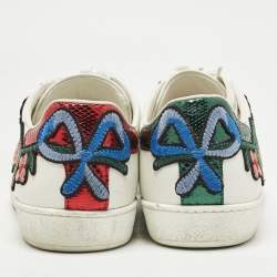 Pre Owned Gucci White Leather Floral Embroidered Ace Sneakers Size 38.5