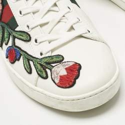 Pre Owned Gucci White Leather Floral Embroidered Ace Sneakers Size 38.5