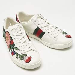 Pre Owned Gucci White Leather Floral Embroidered Ace Sneakers Size 38.5