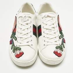 Pre Owned Gucci White Leather Floral Embroidered Ace Sneakers Size 38.5