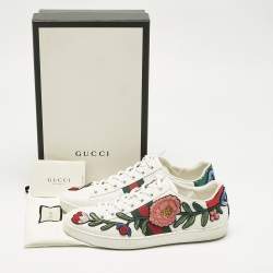 Pre Owned Gucci White Leather Floral Embroidered Ace Sneakers Size 38.5