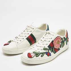 Pre Owned Gucci White Leather Floral Embroidered Ace Sneakers Size 38.5