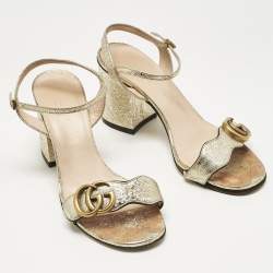 Pre Owned Gucci Metallic Gold Leather GG Marmont Ankle Strap Block Heel Sandals Size 36