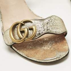 Pre Owned Gucci Metallic Gold Leather GG Marmont Ankle Strap Block Heel Sandals Size 36