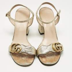 Pre Owned Gucci Metallic Gold Leather GG Marmont Ankle Strap Block Heel Sandals Size 36