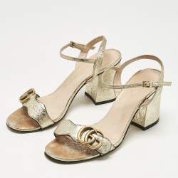 Pre Owned Gucci Metallic Gold Leather GG Marmont Ankle Strap Block Heel Sandals Size 36