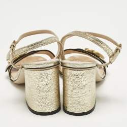 Pre Owned Gucci Metallic Gold Leather GG Marmont Ankle Strap Block Heel Sandals Size 36