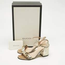 Pre Owned Gucci Metallic Gold Leather GG Marmont Ankle Strap Block Heel Sandals Size 36