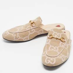 Pre Owned Gucci Beige/Pink Leather andCanvas Princetown Mules Size 39.5