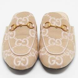 Pre Owned Gucci Beige/Pink Leather andCanvas Princetown Mules Size 39.5