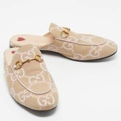 Pre Owned Gucci Beige/Pink Leather andCanvas Princetown Mules Size 39.5