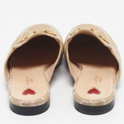 Pre Owned Gucci Beige/Pink Leather andCanvas Princetown Mules Size 39.5