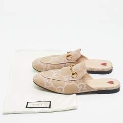Pre Owned Gucci Beige/Pink Leather andCanvas Princetown Mules Size 39.5