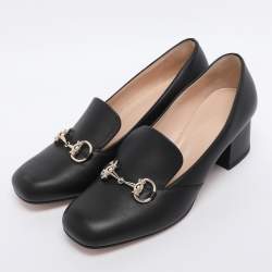 Pre Owned Gucci Black Leather Horsebit Block Heel Pumps Size 37.5