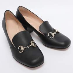 Pre Owned Gucci Black Leather Horsebit Block Heel Pumps Size 37.5