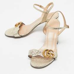 Pre Owned Gucci Gold Leather Horsebit Ankle Strap Sandals Size 36