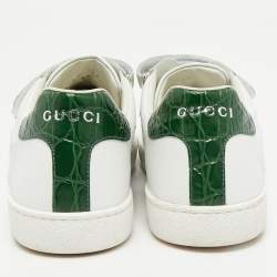 Pre Owned Gucci White/Green Crocodile Leather and Leather Ace Low Top Sneakers Size 38