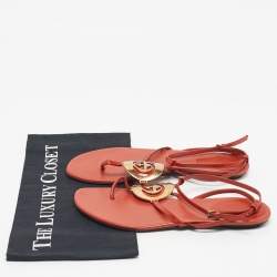 Pre Owned Gucci Orange Patent Leather GG Logo Buckle Flat Thong Sandals Size 37.5