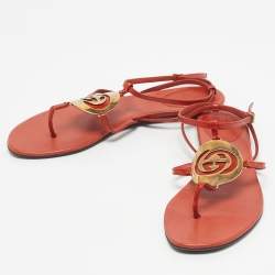 Pre Owned Gucci Orange Patent Leather GG Logo Buckle Flat Thong Sandals Size 37.5