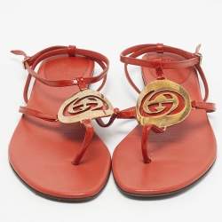 Pre Owned Gucci Orange Patent Leather GG Logo Buckle Flat Thong Sandals Size 37.5