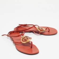 Pre Owned Gucci Orange Patent Leather GG Logo Buckle Flat Thong Sandals Size 37.5