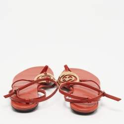 Pre Owned Gucci Orange Patent Leather GG Logo Buckle Flat Thong Sandals Size 37.5