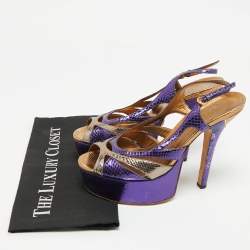 Pre Owned Gucci Blue/Gold Snakeskin Embossed Leather Ankle Strap Sandals Size 39.5