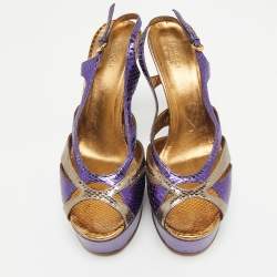 Pre Owned Gucci Blue/Gold Snakeskin Embossed Leather Ankle Strap Sandals Size 39.5