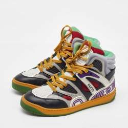 Pre Owned Gucci Multicolor Mesh, Canvas and Leather Basket High Top Sneakers Size 37