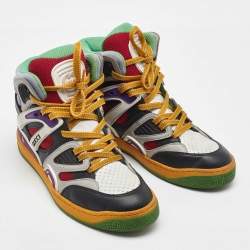 Pre Owned Gucci Multicolor Mesh, Canvas and Leather Basket High Top Sneakers Size 37