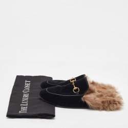 Pre Owned Gucci Black Velvet and Fur Princetown Horsebit Flat Mules Size 37