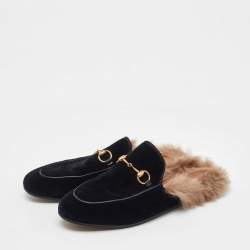 Pre Owned Gucci Black Velvet and Fur Princetown Horsebit Flat Mules Size 37