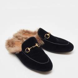 Pre Owned Gucci Black Velvet and Fur Princetown Horsebit Flat Mules Size 37
