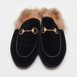 Pre Owned Gucci Black Velvet and Fur Princetown Horsebit Flat Mules Size 37