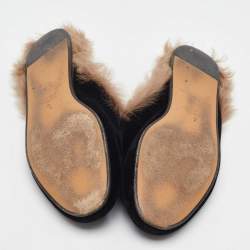 Pre Owned Gucci Black Velvet and Fur Princetown Horsebit Flat Mules Size 37