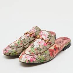 Pre Owned حذاء مول غوتشي بلومس GG كانفاس بني/مارون برينس تاون مسطح مقاس 37